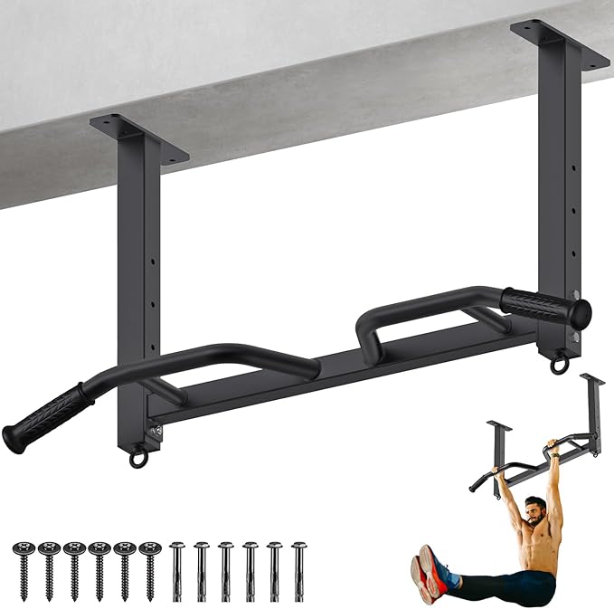 Kipika 32" Ceiling Mounted Pull Up Bar - Heavy Duty, Highly Adjustable, Multifunctional Chin Up Bar - Home Gym System with Punching Bag Hanger and Resistance Bands Training