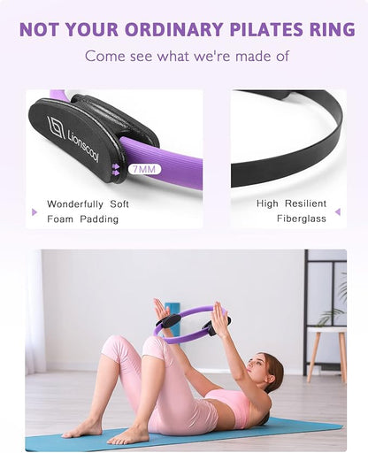 LIONSCOOL Pilates Ring Set – 14" Anti-Deformation Magic Circle with Padded Handles, Mini Ball, Resistance Bands, Guide & Bag