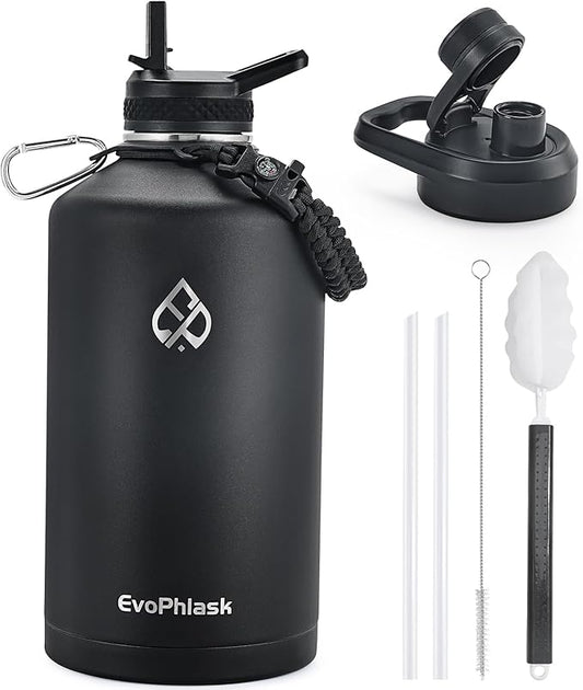 1 Gallon Water Bottle Insulated(Cold for 48Hrs), Large Stainless Steel Water Bottle BPA Free, 128 oz Leak Proof Gallon Water Jug for Sport, Hiking, Camping, Travel, Matte Black
