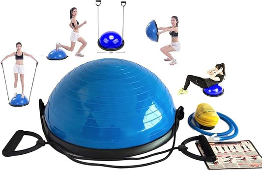X-Factor 23" Balance Trainer Stability Half Ball Yoga Ball for Abdominal Abs Balance Strength Training Exercise Fitness Workout with Workout Guide, Foot Pump and Straps (Blue)