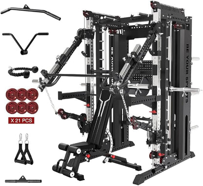 FAGUS Commercial Smithe Machine with Dual Weight Stacks, Power Cage Squat Rack with Lever Arm & Leg Press Attachment, Multi-Function Linear Bearing Cable Crossover Machine for Home Gym