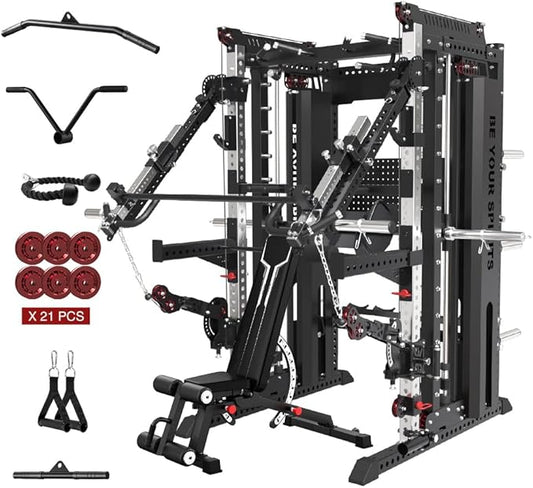 FAGUS Commercial Smithe Machine with Dual Weight Stacks, Power Cage Squat Rack with Lever Arm & Leg Press Attachment, Multi-Function Linear Bearing Cable Crossover Machine for Home Gym
