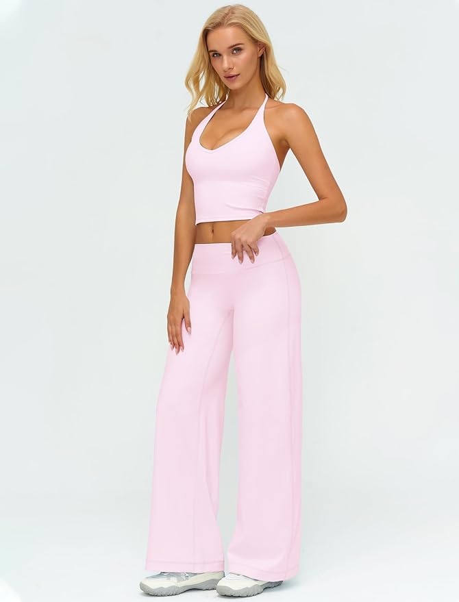 Womens Workout Sets Two Piece Spaghetti Straps Crop Top Matching Straight Leg Pants Gym Work Pilates Outfits