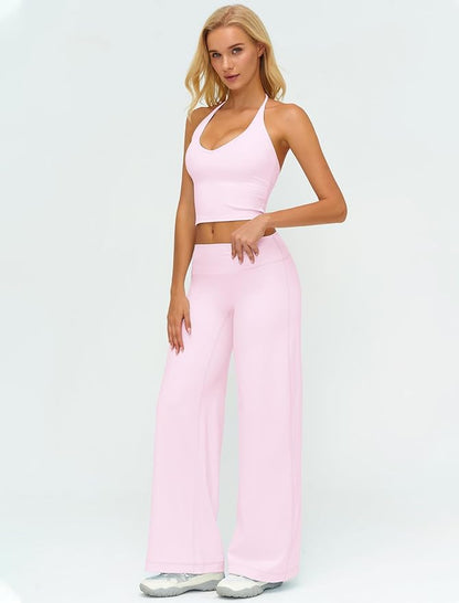 Womens Workout Sets Two Piece Spaghetti Straps Crop Top Matching Straight Leg Pants Gym Work Pilates Outfits