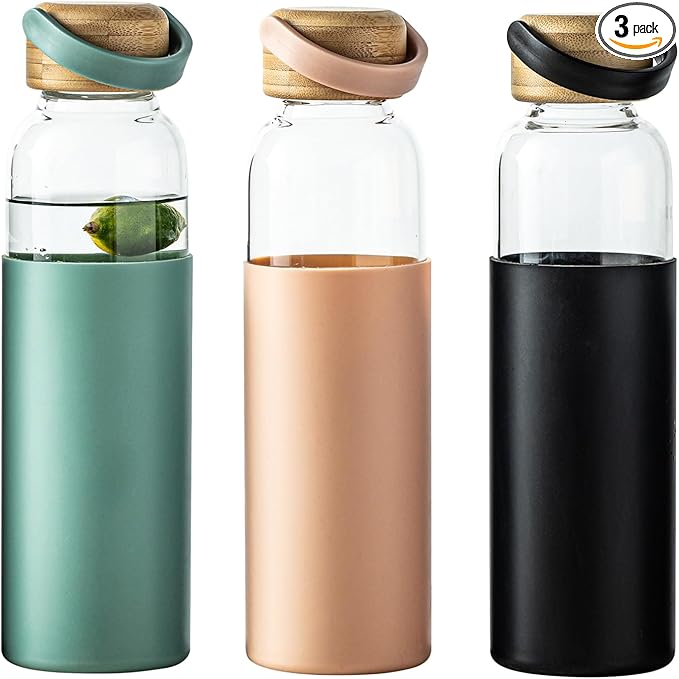 21oz Borosilicate Glass Water Bottles with Silicone Non-Slip Sleeve & Leak-Proof Lid-Reusable Drink Bottle for Office,Travel,Gym,Hiking-BPA Free,Ideal Gift for Home,Car &Fitness (Pink+Black+Green)