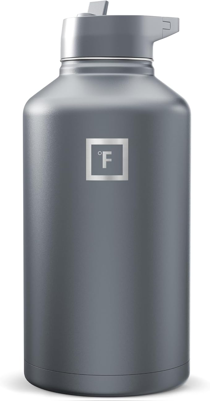IRON °FLASK Camping & Hiking Hydration Flask with Straw, Wide Mouth Insulated Stainless Steel Sports Water Bottle - Graphite 64 oz - Straw (1 Lid)