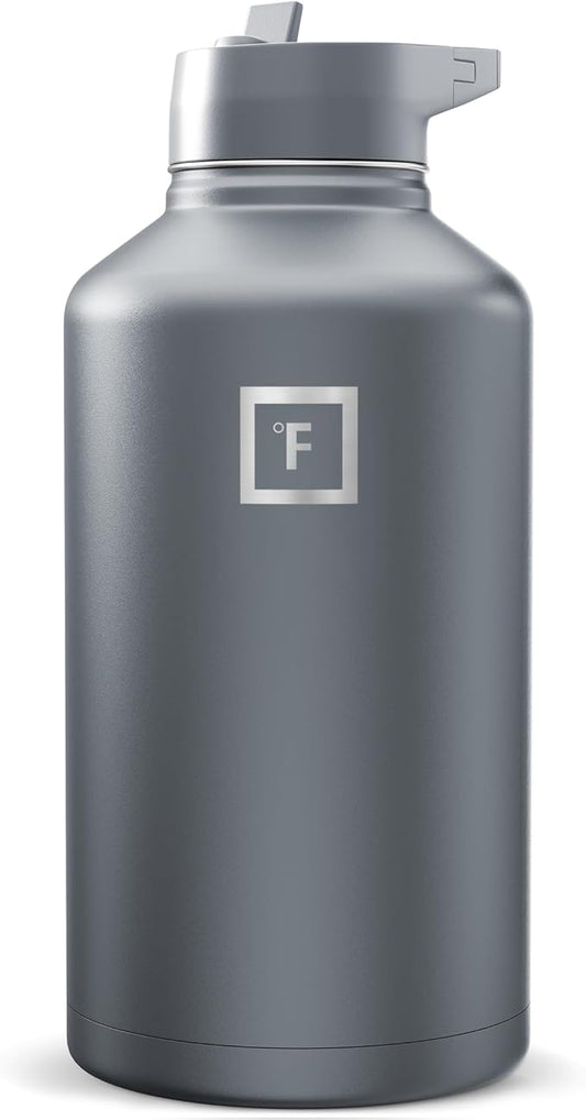 IRON °FLASK Camping & Hiking Hydration Flask with Straw, Wide Mouth Insulated Stainless Steel Sports Water Bottle - Graphite 64 oz - Straw (1 Lid)
