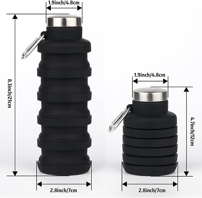 Collapsible Water Bottles,16oz Capacity Portable Reusable Silicone Water Bottle,Leak-proof,with buckle,foldable storage,Lightweight Durable for Fitness,Cycling,Sports,Camping,Hiking (Black+Black)