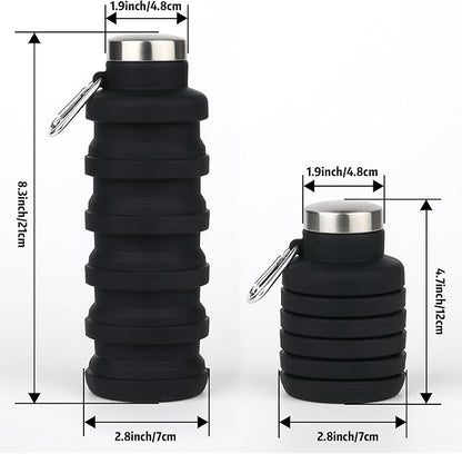 2 sets of Collapsible Water Bottles,16oz Portable Reusable Silicone Water Bottle,Leak-proof,with buckle,foldable storage,Lightweight Durable for Fitness,Cycling,Sports,Camping,Hiking (Black+Green)