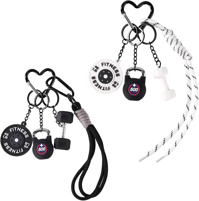 2pcs Gym Keychain Set, Fitness Keychain Charms with Dumbbell Kettlebell & Barbell Plate Cute Gym Accessories for Women Men Motivational Gift (White/Black)