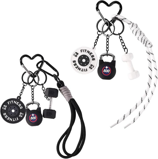 2pcs Gym Keychain Set, Fitness Keychain Charms with Dumbbell Kettlebell & Barbell Plate Cute Gym Accessories for Women Men Motivational Gift (White/Black)