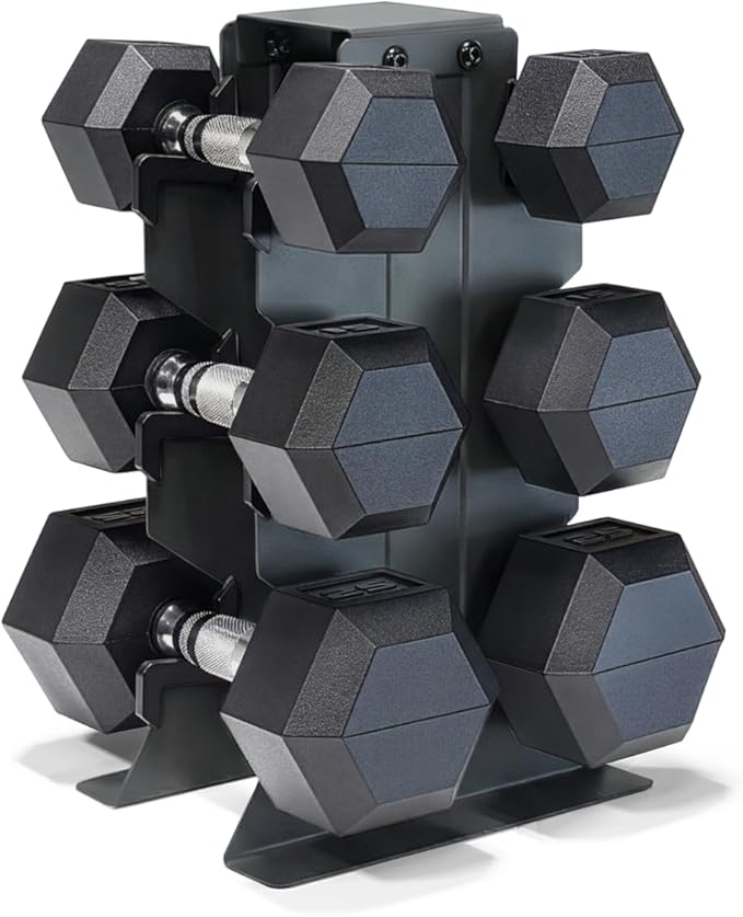 CAP Barbell Rubber Coated Hex Dumbbell Set with Vertical Rack | 100-300 lbs Free Weights Dumbbells Set for Home Gym | Multiple Options