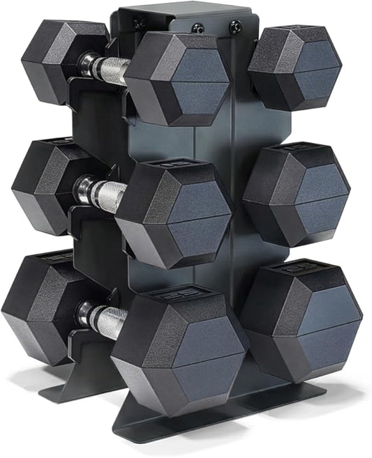 CAP Barbell Rubber Coated Hex Dumbbell Set with Vertical Rack | 100-300 lbs Free Weights Dumbbells Set for Home Gym | Multiple Options