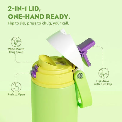POWCAN 24 oz Insulated Water Bottle: 2-in-1 Push-Button Spout & Quick-Flip Straw, Leakproof, Cold 24Hrs, Lockable, Fits Car Cup Holder, Stainless Steel Cup for Sports, Travel, Daily Use (Scare School)