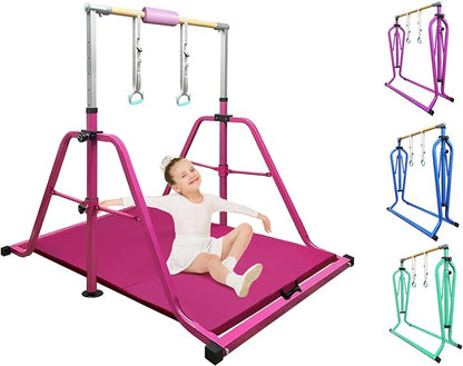 Foldable & Moveable Gymnastics Horizontal Bar with Rings,3’to 5’Adjustable Height Expandable Junior Kip Bar for Home,Indoor Gym Equipment for Kids