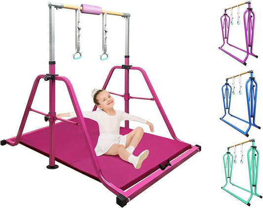 Foldable & Moveable Gymnastics Horizontal Bar with Rings,3’to 5’Adjustable Height Expandable Junior Kip Bar for Home,Indoor Gym Equipment for Kids