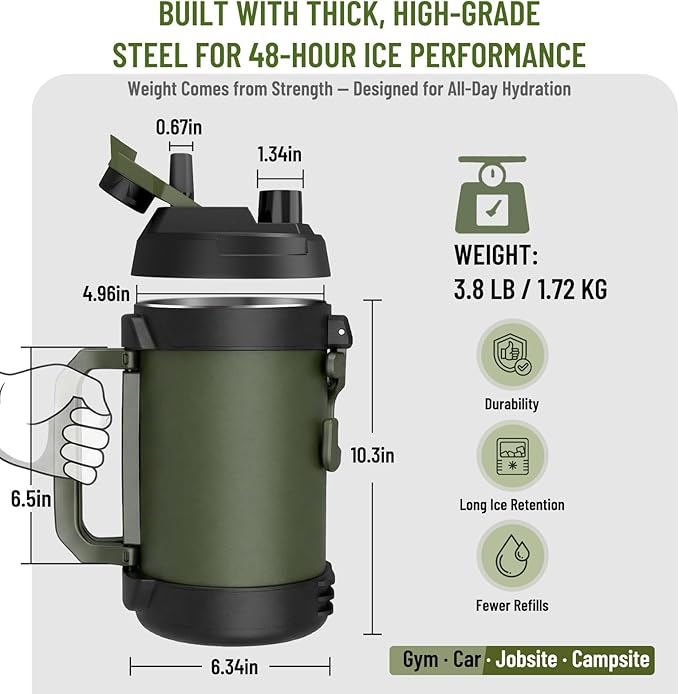 1 gallon water jug, 128 oz Large Insulated Stainless Steel Sports Water Jug, Large Triple Wall Vacuum Insulation Water Bottle-Keeps Cold up to 48 Hrs-Sweat Proof, for Gym, Hiking & Camping