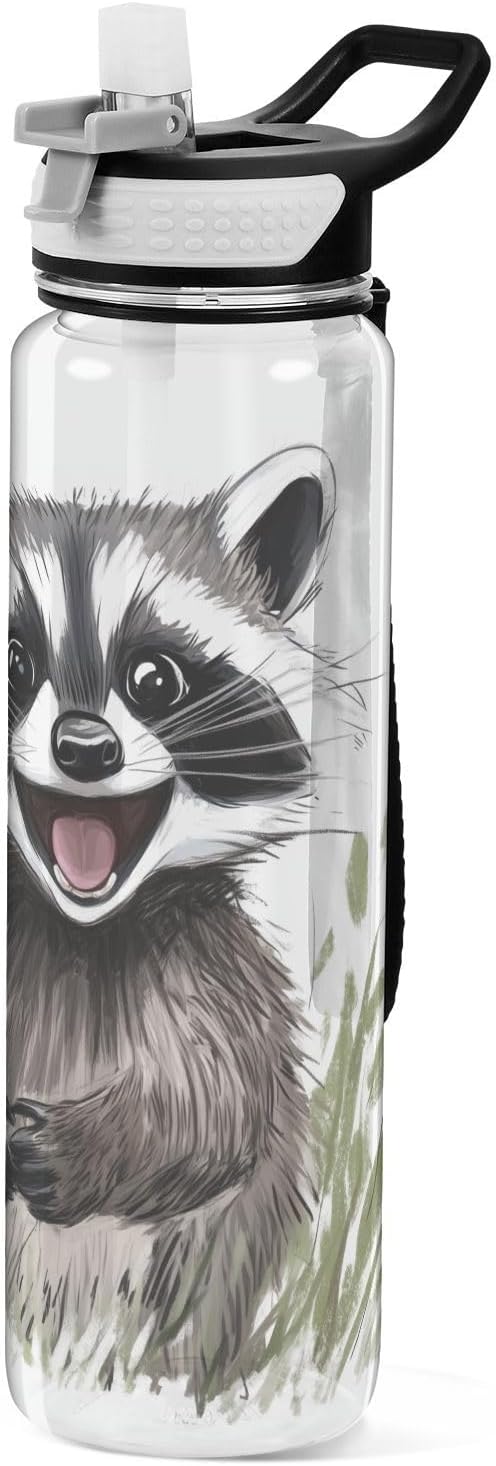 Fustylead Happy Cute Raccoon 32oz Water Bottle with Straw, Leakproof Clear Sport Water Bottles for Gym Camping Hiking Travel
