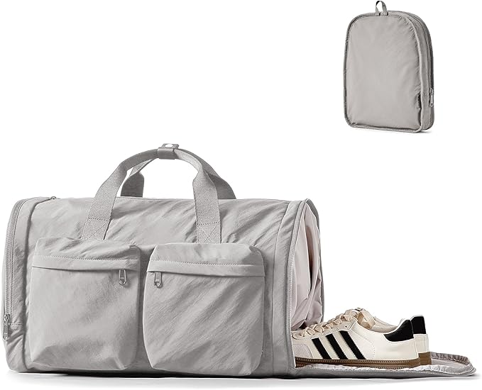 Aji Foldable Gym Bag for Women Men with Shoes Compartment, 3 in 1 Carry on Travel Duffel Bag with Trolley Sleeve, Lightweight&Water Resistant Duffel Bag for Travel, Sport, Fitness&Workout,Elegant Gray