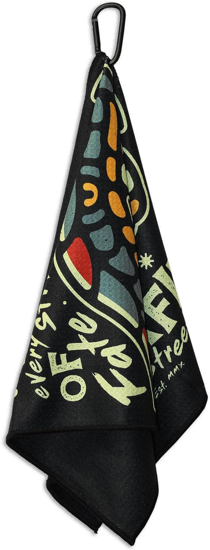 RokFit Gym & Golf Towel – Multi-Use, Quick-Dry, Durable Utility Towel with Bold Graphic and Carabiner Clip (Rise Stronger, Strike of Fate)