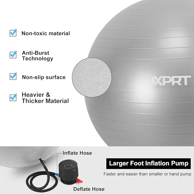 XPRT Fitness Exercise Ball (55/65/75cm) - Yoga Ball for Home Gym Workout, Physical Therapy, Balance, Stability Training - Office Ball Chair with Quick Pump (5 Colors)