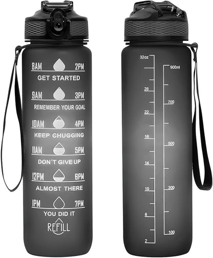 32 oz Water Bottles with Times to Drink and Straw, Motivational Water Bottle with Time Marker, Leakproof & BPA Free, Drinking Sports Water Bottle WIth Hand Strap for Fitness, Gym & Outdoor (black)