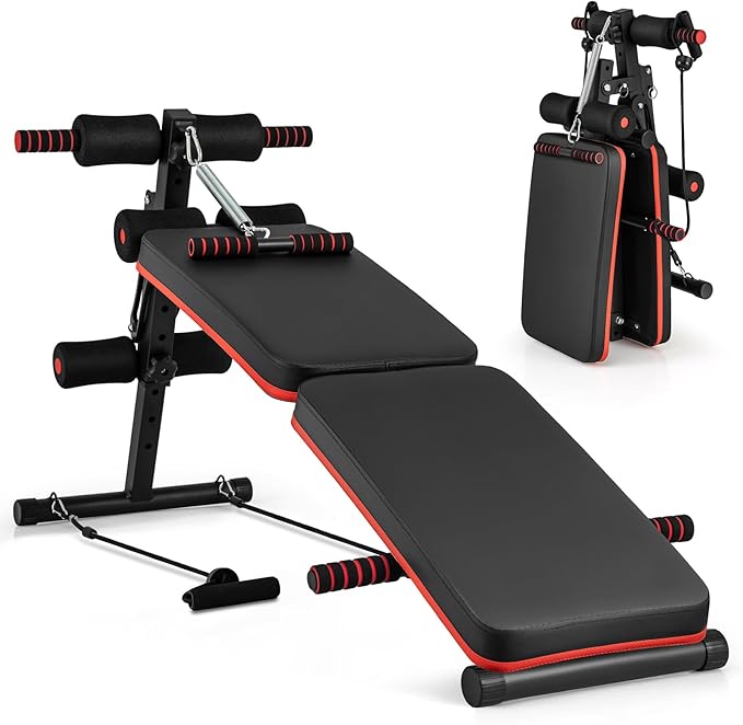 KOTEK Sit Up Bench, Foldable & Adjustable Ab Workout Equipment with 2 Elastic Ropes & Handle, 300 Lbs Weight Capacity, Decline Bench for Abs, Crunch, Strength Training Exercise for Home Gym