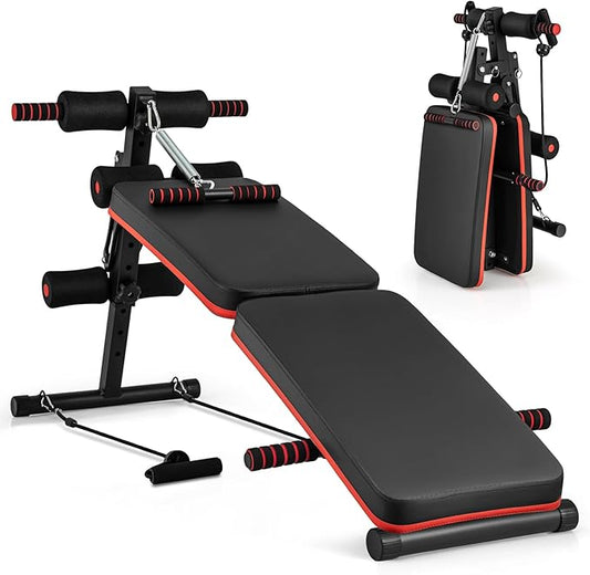 KOTEK Sit Up Bench, Foldable & Adjustable Ab Workout Equipment with 2 Elastic Ropes & Handle, 300 Lbs Weight Capacity, Decline Bench for Abs, Crunch, Strength Training Exercise for Home Gym