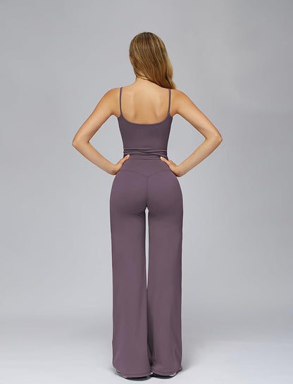 Womens Workout Sets Two Piece Spaghetti Straps Crop Top Matching Straight Leg Pants Gym Work Pilates Outfits