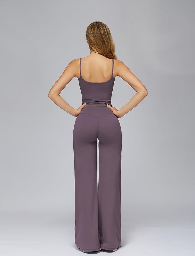Womens Workout Sets Two Piece Spaghetti Straps Crop Top Matching Straight Leg Pants Gym Work Pilates Outfits