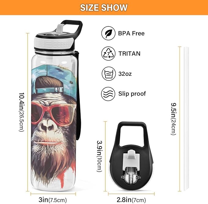 ALAZA Cool Monkey Sports Water Bottle with Straw Tritan Drink Bottle 32 oz BPA Free Reusable for Travel Outdoor Fitness