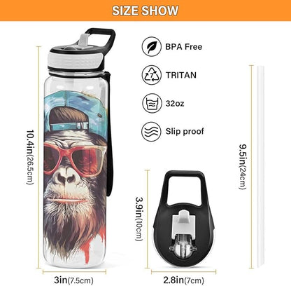 ALAZA Cool Monkey Sports Water Bottle with Straw Tritan Drink Bottle 32 oz BPA Free Reusable for Travel Outdoor Fitness