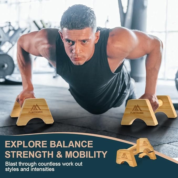 flintronic Wooden Parallettes, Fitness Push Up Bars, Solid Wood Parallettes Bars with Non-Slip Mat, Handstand Bar Push Up, Wrist Straps, for Home Workout Equipment for Strength Training, Gymnastics