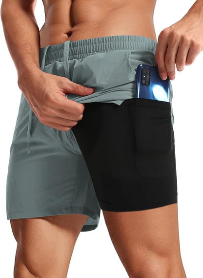 Aolesy Men's 2 in 1 Running Shorts 5" Workout Gym Athletic Shorts for Men Quick Dry Lightweight Training Shorts with Pockets
