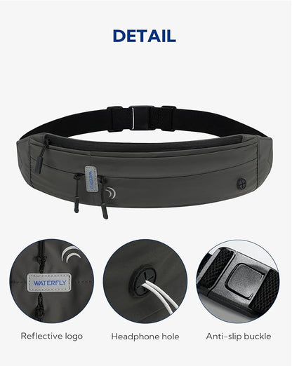 WATERFLY Running Belt Fanny Pack: Runner Marathon Jogging Waist Pack Sport Workout Exercise Fitness Phone Holder Belt for Men Women Jogger Slim Waistband Black