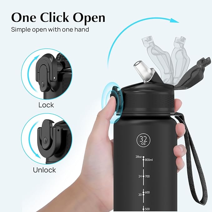 EYQ 32 oz Water Bottle with Time Marker, Carry Strap, Leak-Proof Tritan BPA-Free, Ensure You Drink Enough Water for Fitness, Gym, Camping, Outdoor Sports