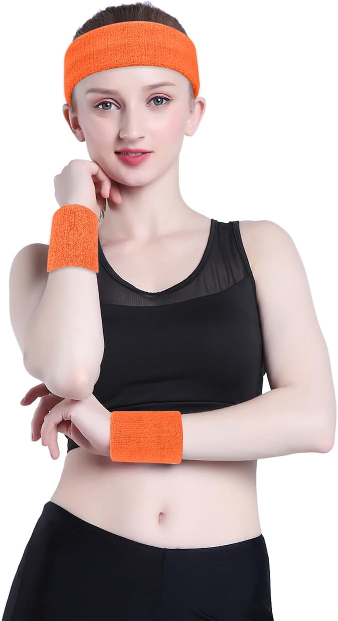 ONUPGO Sweatband Set Sports Headband Wristband Set Sweatbands Terry Cloth Wristband Wrist Sweatband Headbands Moisture Wicking Sweat Absorbing Head Band