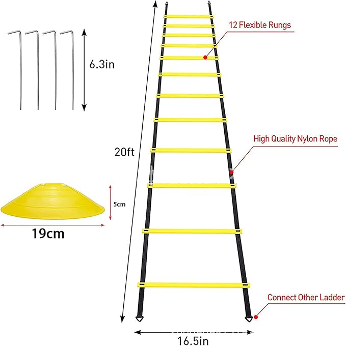 Resistance Parachute Agility Ladder Speed Training Set, 20 Feet Adjustable, 12 Lang Exercise Ladder/Running Parachute/4 Hooks and 10 Disc Cones for Personal Training