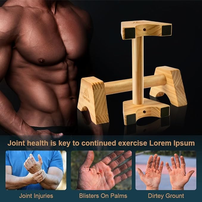 flintronic Wooden Parallettes, Fitness Push Up Bars, Solid Wood Parallettes Bars with Non-Slip Mat, Handstand Bar Push Up, Wrist Straps, for Home Workout Equipment for Strength Training, Gymnastics