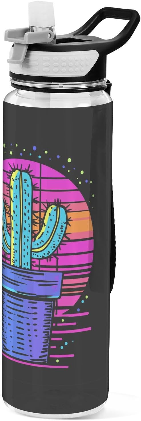 Fustylead Neon Color Cactus Design 32 oz Tritan Water Bottle with Straw, Leakproof and BPA-Free Sport Water Bottle for Fitness, Gym & Outdoor