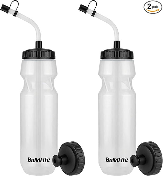 Hockey Water Bottle with Long Straw -32 OZ Squeeze Sports Water Bottles 2 Pack with 2 Lids Each(Straw and Squeeze),Lacrosse Water Bottle for Helmet Hockey,Football,Boxing,BPA Free,Dishwash Safe(Clear)