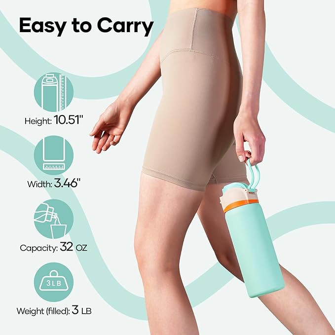 BUZIO Stainless Steel Insulated Water Bottle, 32oz Reusable Travel with Chug Locking Lid & Carry Loop, BPA-Free, Wide Mouth, Best Gift for Man Woman, Keep Cold 48H, Mint Green