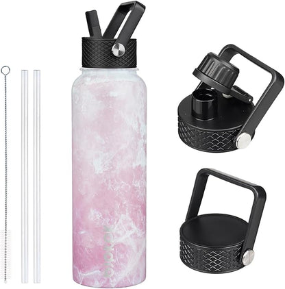 BJPKPK Insulated Water Bottles with Straw Lid, 40oz Stainless Steel Water Bottles with 3 Lids, BPA Free Leakproof Thermo, Tumblers, Cups for Sports, Gym- Blossom