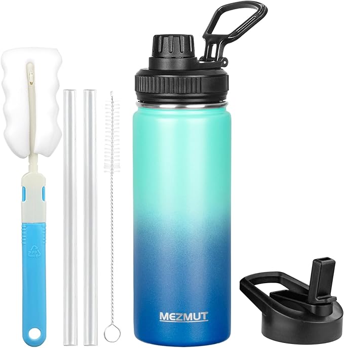 MEZMUT 18oz Insulated Water Bottle with Straw&2 Lids Stainless Steel Water Bottles Kids Metal Thermos Water Bottle Cup for School Vacuum Insulated Bottles Leak-Proof Travel Cup (Gradient Blue)