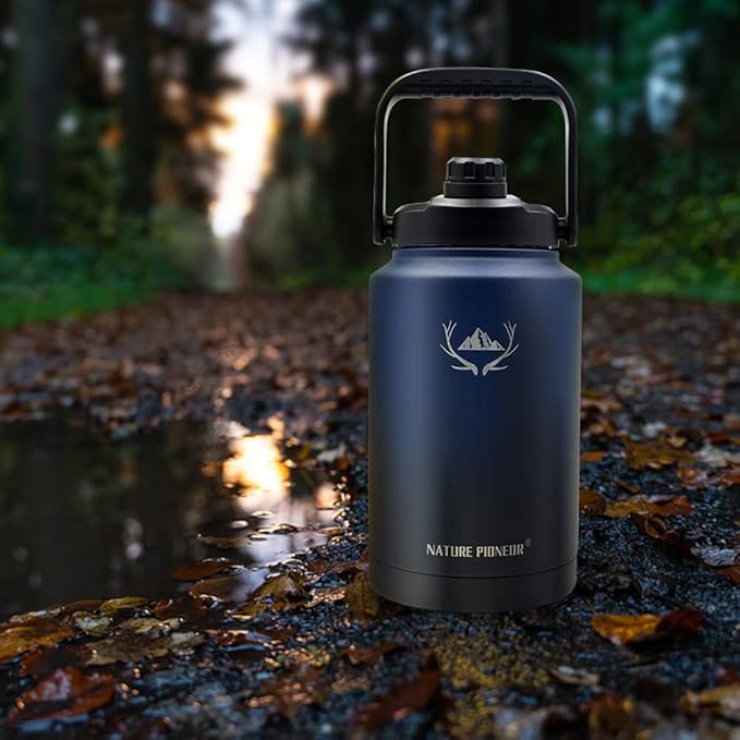 NATURE PIONEOR 1 Gallon Insulated Water Bottle - Double Vacuum Stainless Steel 128 oz Water Bottle with Holder/Carrier, Wide Mouth 1 gallon Water Jug for Outdoor Sports, Hiking, Camping, Gym