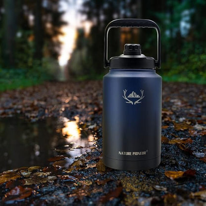 NATURE PIONEOR 1 Gallon Insulated Water Bottle - Double Vacuum Stainless Steel 128 oz Water Bottle with Holder/Carrier, Wide Mouth 1 gallon Water Jug for Outdoor Sports, Hiking, Camping, Gym
