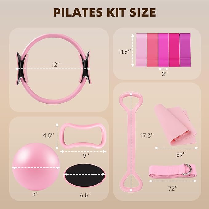 16PCS Pilates Kit for Home Workouts, Essential Equipment Set with 12'' Ring & 9” Ball, 5 Resistance Bands - Pilates Starter Kit for Women, Full Body Toning & Strength