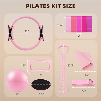 16PCS Pilates Kit for Home Workouts, Essential Equipment Set with 12'' Ring & 9” Ball, 5 Resistance Bands - Pilates Starter Kit for Women, Full Body Toning & Strength