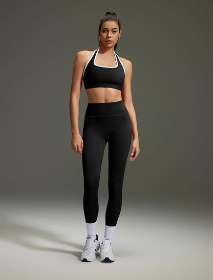 OMKAGI 2 Piece Workout Sets for Women Halter Sports Bras Gym Sets Booty Leggings Outfits