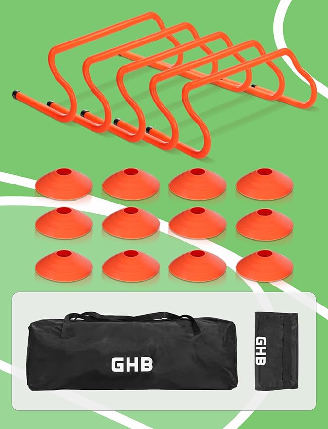 GHB Speed Agility Training Equipment, 5 Pack Agility Hurdles Soccer Cones 12 Pack Detachable Sturdy Hurdles Training Equipment Set with Carry Bag for Athletes,Soccer,Basketball